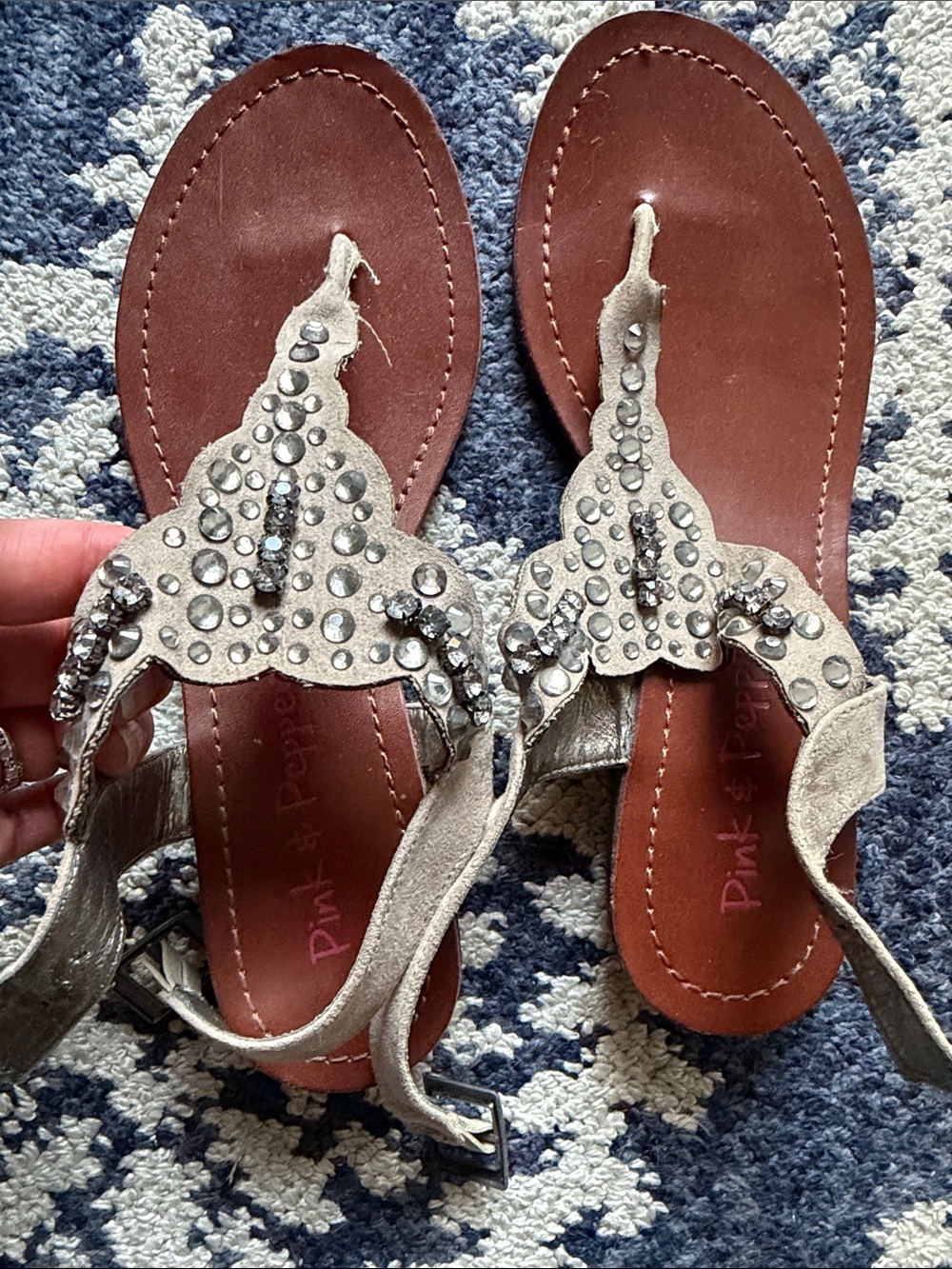 Pink & Pepper Silver Jeweled T-Strap Sandals
